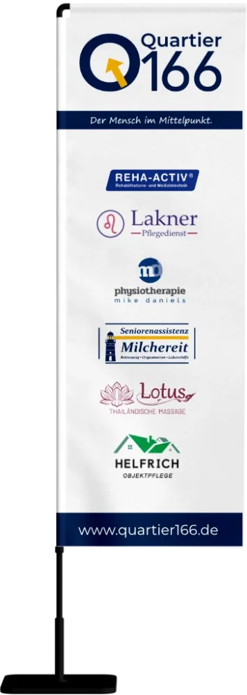 Beachflag mit Firmenlogos des Quartier166 in Seelscheid