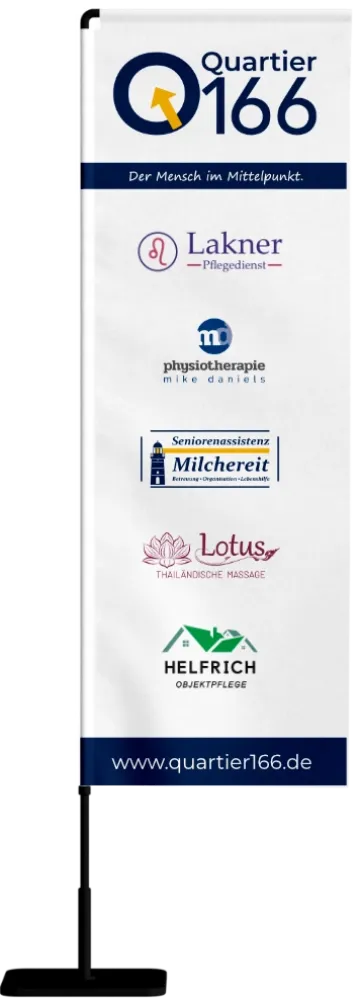 Beachflag mit Firmenlogos des Quartier166 in Seelscheid